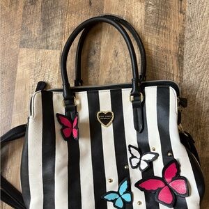 Betsey Johnson Black and White Striped Satchel with Butterfly Accents